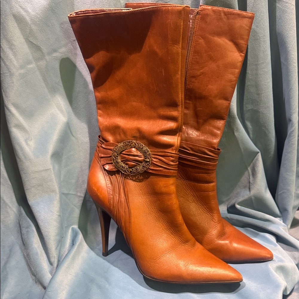 Carlos by Carlos Santana Cognac Leather Mid-Calf High-Heel Boots